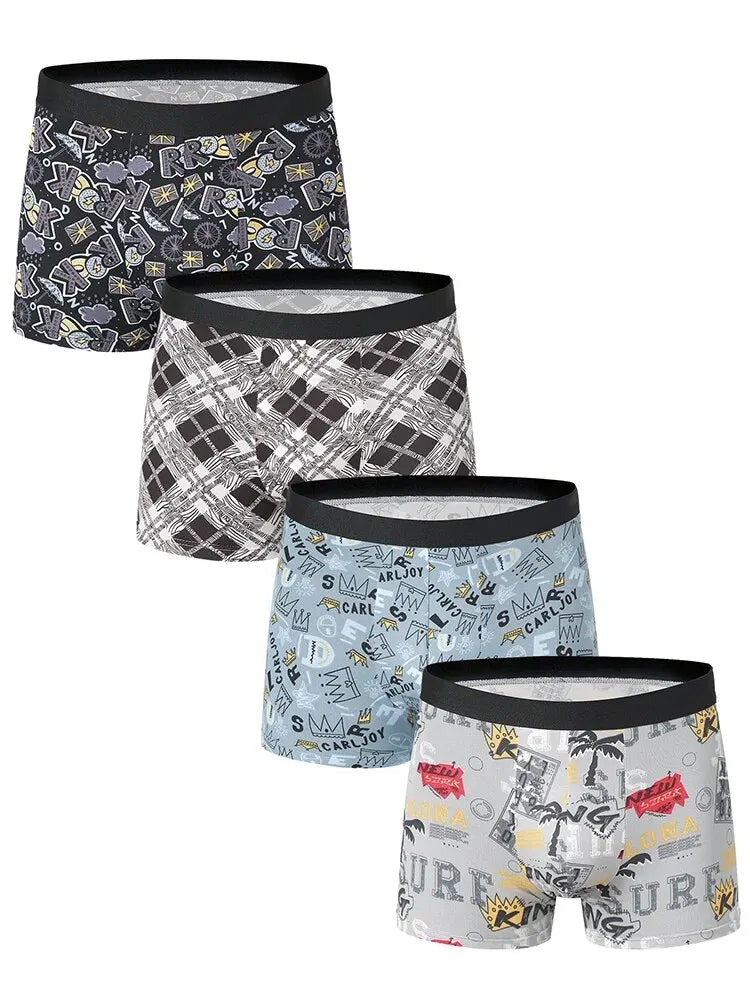 4 Pieces European and American Size MEN'S FASHION Printed Boxer Underwear Comfortable Swimming Trunks Oversized Underwear Shorts