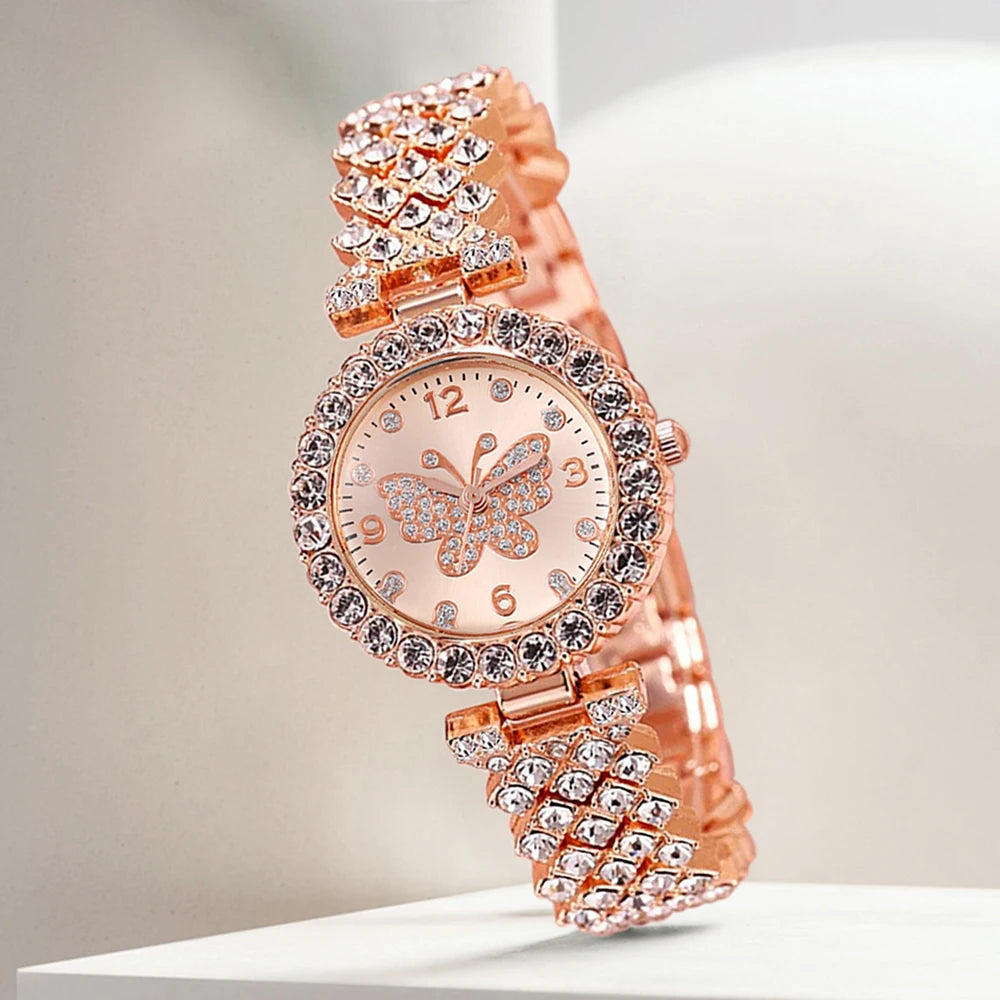 5Pcs/Set Unisex Jewelry Watches Women's Wristwatch Accessories Rose Gold Fashion Business Elegant Trendy Classic Exquisite Retro Light Luxury Rhinestone Luxury Bracelet Watch Set Y2K Suitable for Travel, Vacation, Parties, Da