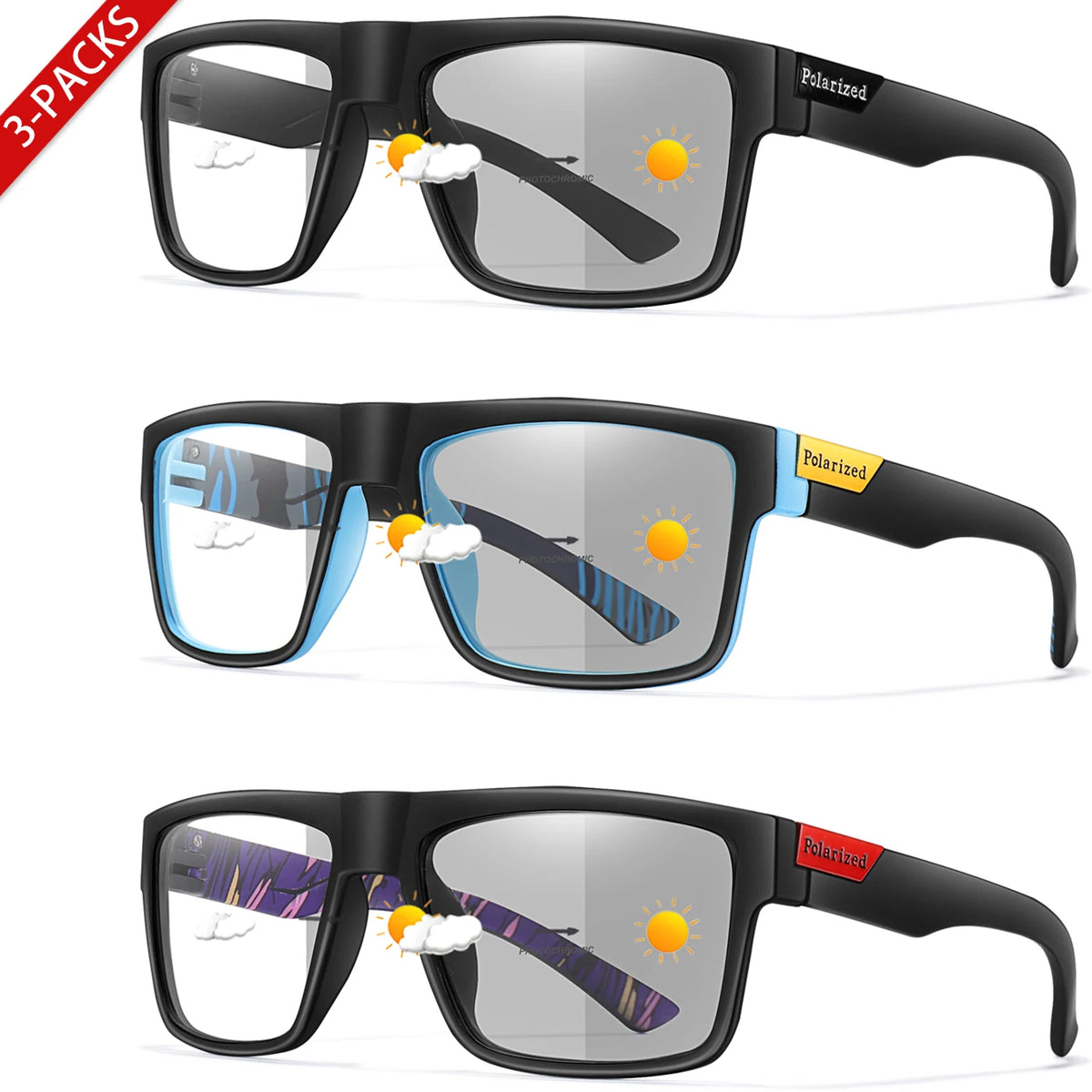 3-Pairs Classical Square Photochromic Sunglasses Outdoor Sports Cycling Running Driving Men Women Festival Party Wear Eyewear