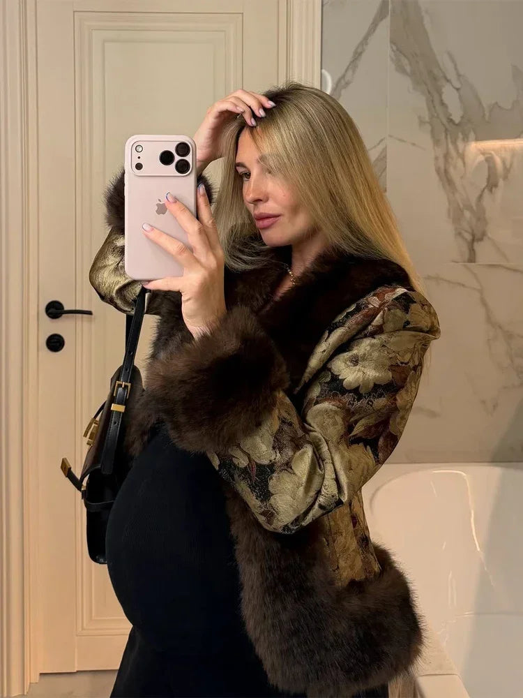 Floral Jacquard Faux Fur Trim Jacket V Neck Single Button Long Furry Cuff Cropped Coats 2026 Vintage Winter New Warm Party Coat