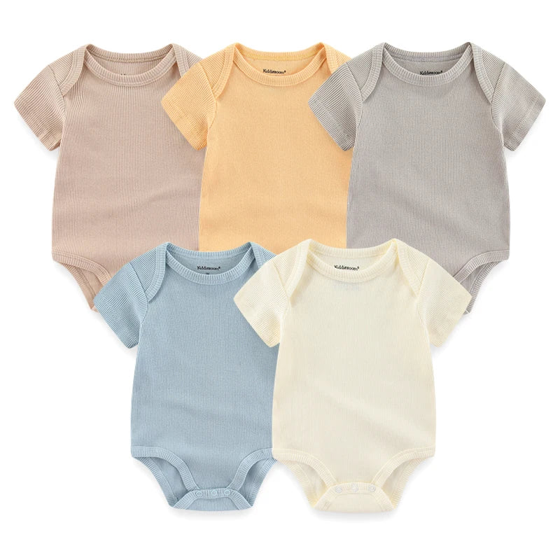 Newborn Bodysuits Unisex 5Pieces Baby Girl Clothes Solid Color Cotton Baby Boy Clothes Set Cartoon Print Summer Bebes