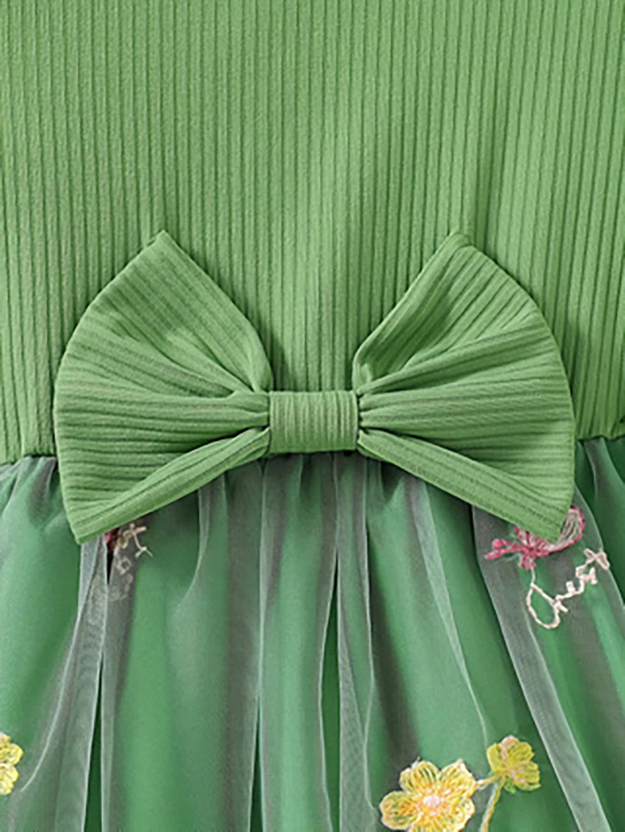 Girls' Green Floral Embroidered Princess Dress, Summer Flutter Sleeve Bowknot Tulle Skirt