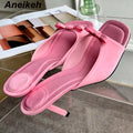 Aneikeh Slipper Mules Low High Heels Shoes 2026 Summer Best Street Look Females Square Head Open Toe Bow Strappy Sandals Women