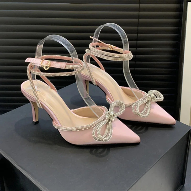 Aneikeh Spring/Autumn 2026 Women's Shoes Fashion Butterfly-Knot Narrow Band Bling Patchwork Cross-Tied Crystal Pointed Toe Pumps
