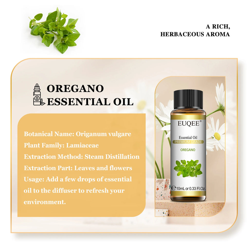 EUQEE 10ml Oregano Vetiver Essential Oil For Humidifier Candle Making Myrrh Ginger Helichrysum Lemon  Rose Eucalyptus Aroma Oils