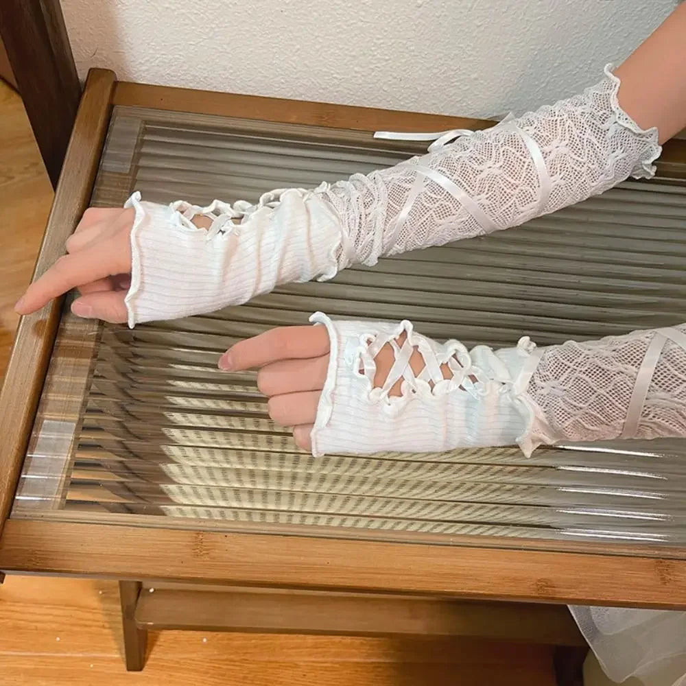 Graceful Lace Bowknot Womens Sleeve Sun Protection Hollow Out Lace Fingerless Gloves Y2K Bridal Wrist Gloves