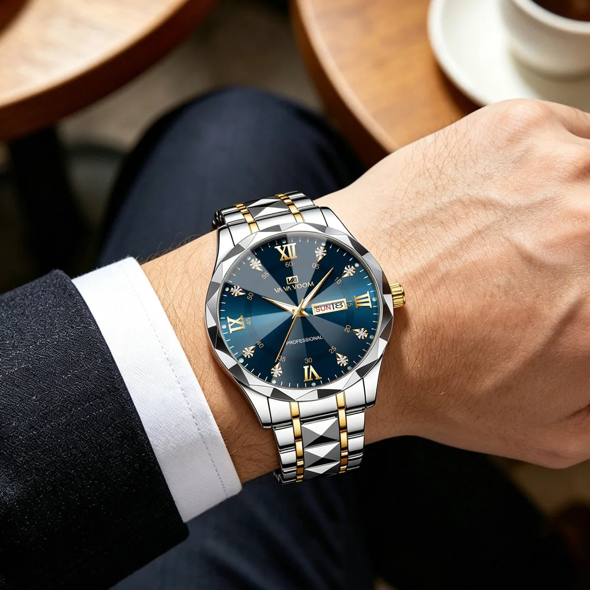 Stainless Steel Watch Men Dual Tone Strap 41mm Blue Rhinestone Dial Quartz Business Clock Suitable Dinners Dates Formal Watches