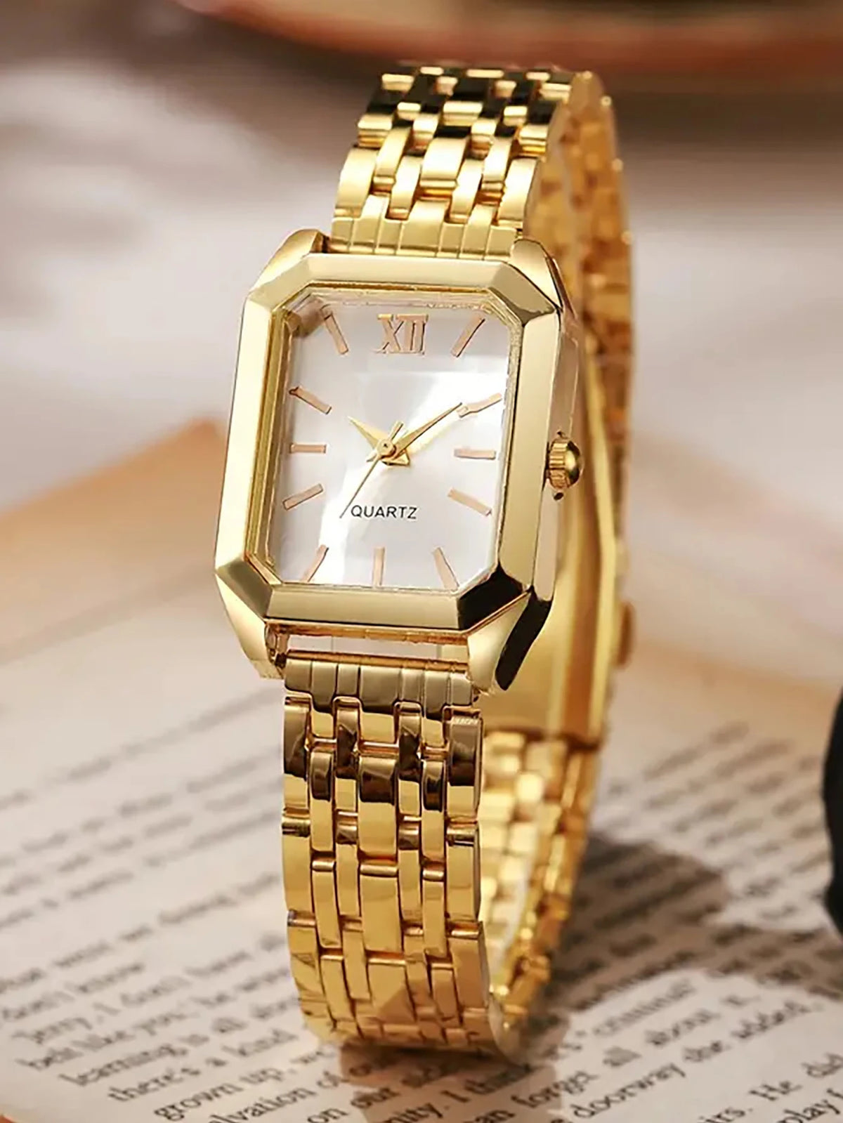 Ladies Quartz Watch Set with Hollow out Jewelry - Stainless Steel Band Bracelet Necklace Ring Trio Perfect Festive Gift Set
