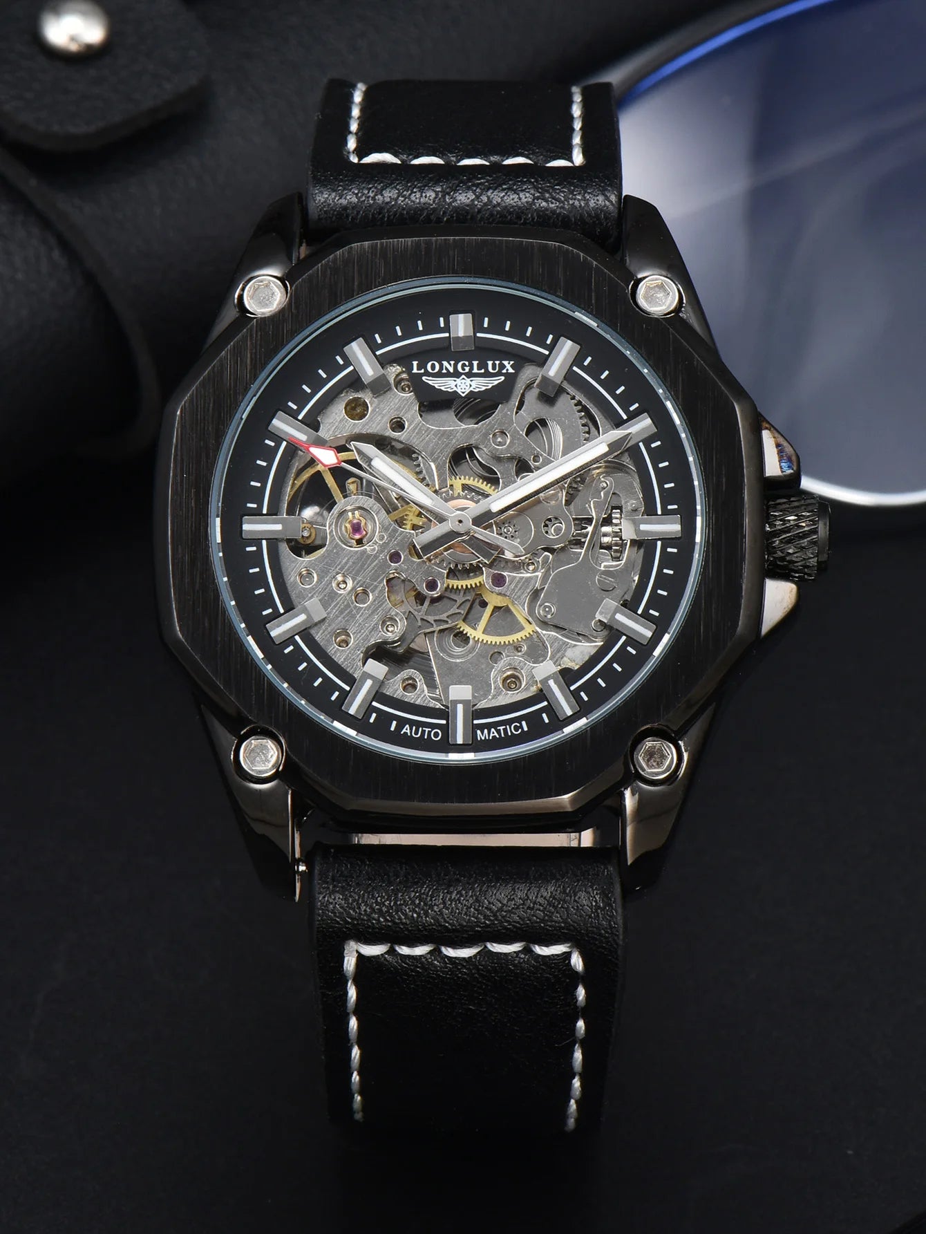 LONGLUX Automatic Watch Sport Style Wholesale Mechanical Wristwatches Fashion Hollow Leather Mens Watch Men Gift
