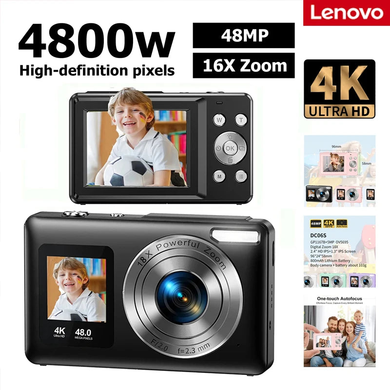 Lenovo 4K Digital Camera 48MP Dual Screen, Auto Focus Anti-Shake 16X Zoom, Vlogging Camera with 64GB SD Card, Compact Travel