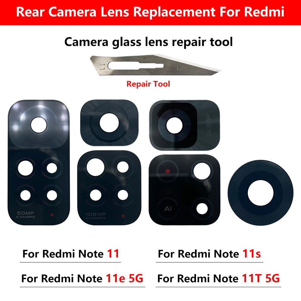 2PCS，NEW Back Rear Camera Glass Lens with Sticker Replacement Repair For Xiaomi Redmi Note 11T 11 10T 5G 10S 10 Pro Plus 5G
