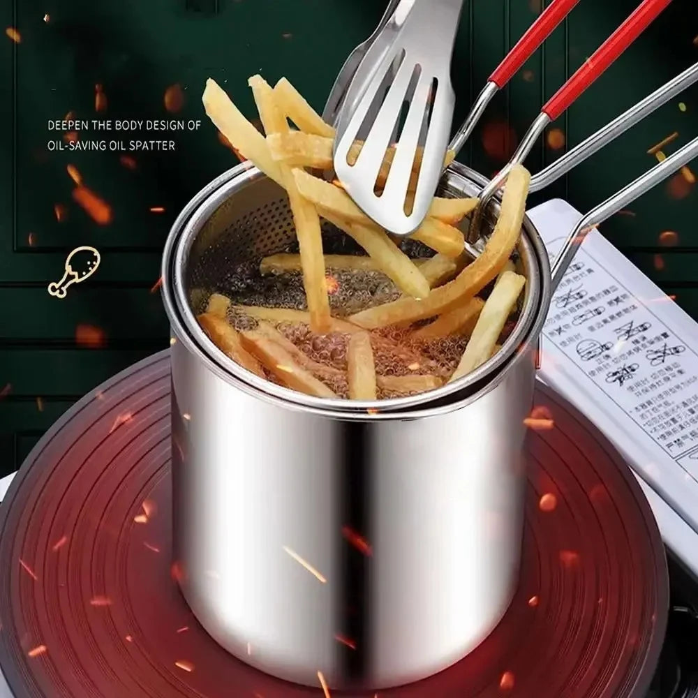 Stainless Steel Deep Fryer with Basket Multi Purpose Home Commercial Use for Frying Tempura Chicken Anti Slip Base Cool Touch