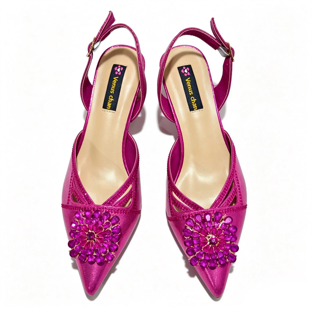 Shimmery Glitter Slingback Women High Heels Fuchsia Shoes and Matching Bag Set Rhinestone Wedding Party Banquet Events