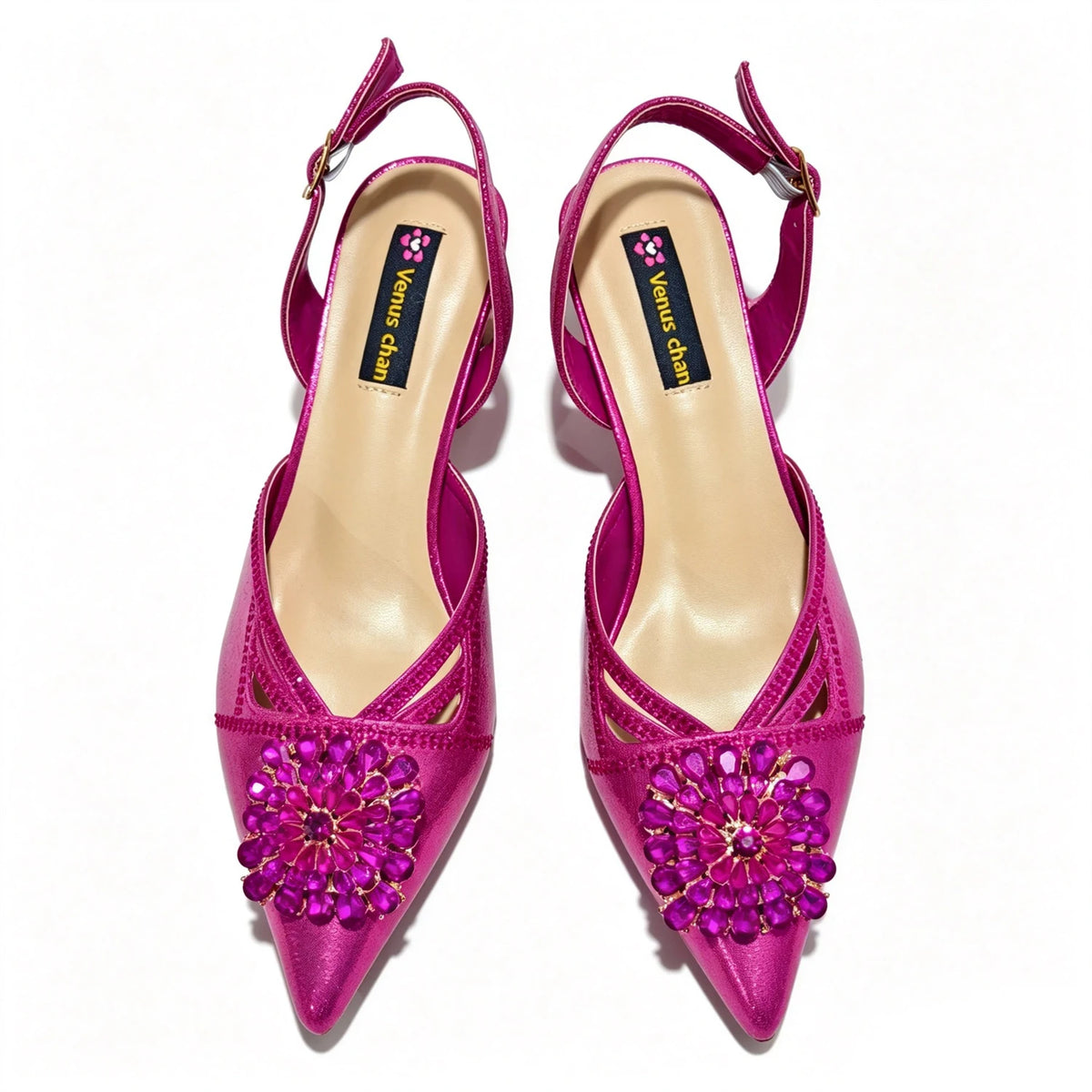 Shimmery Glitter Slingback Women High Heels Fuchsia Shoes and Matching Bag Set Rhinestone Wedding Party Banquet Events