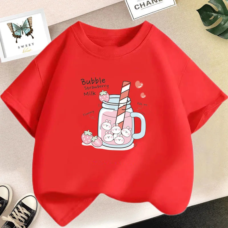 Strawberry Juice Graphic Print T-shirt Girls Aesthetic Pink Tops Tee 2023 Summer New Fashion Kids T Shirt