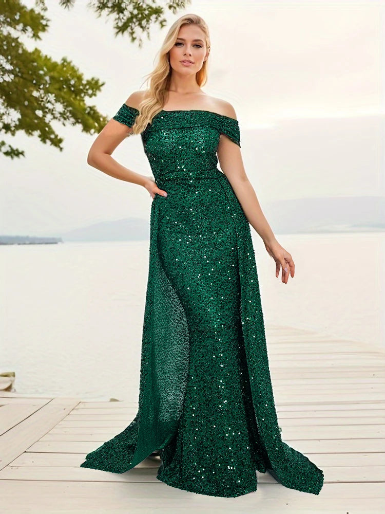 Romagic Navy Blue Slash Neck Off Shoulder Prom Gown Sequin Detachable Train Mermaid Evening Party Dresses Cocktail Dress 2025