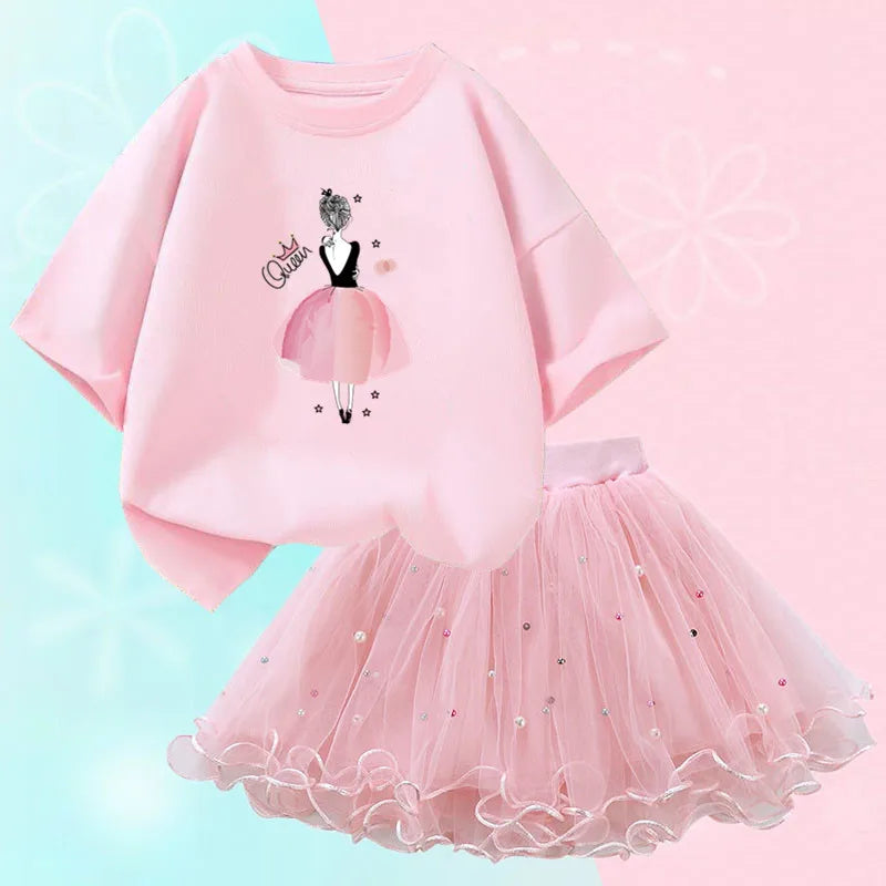 Fashion Summer Girls Outfits Pretty Ballet Dance Girl T-shirt and Tutu Skirt Set for Princess Clothes Suit Children Clothing