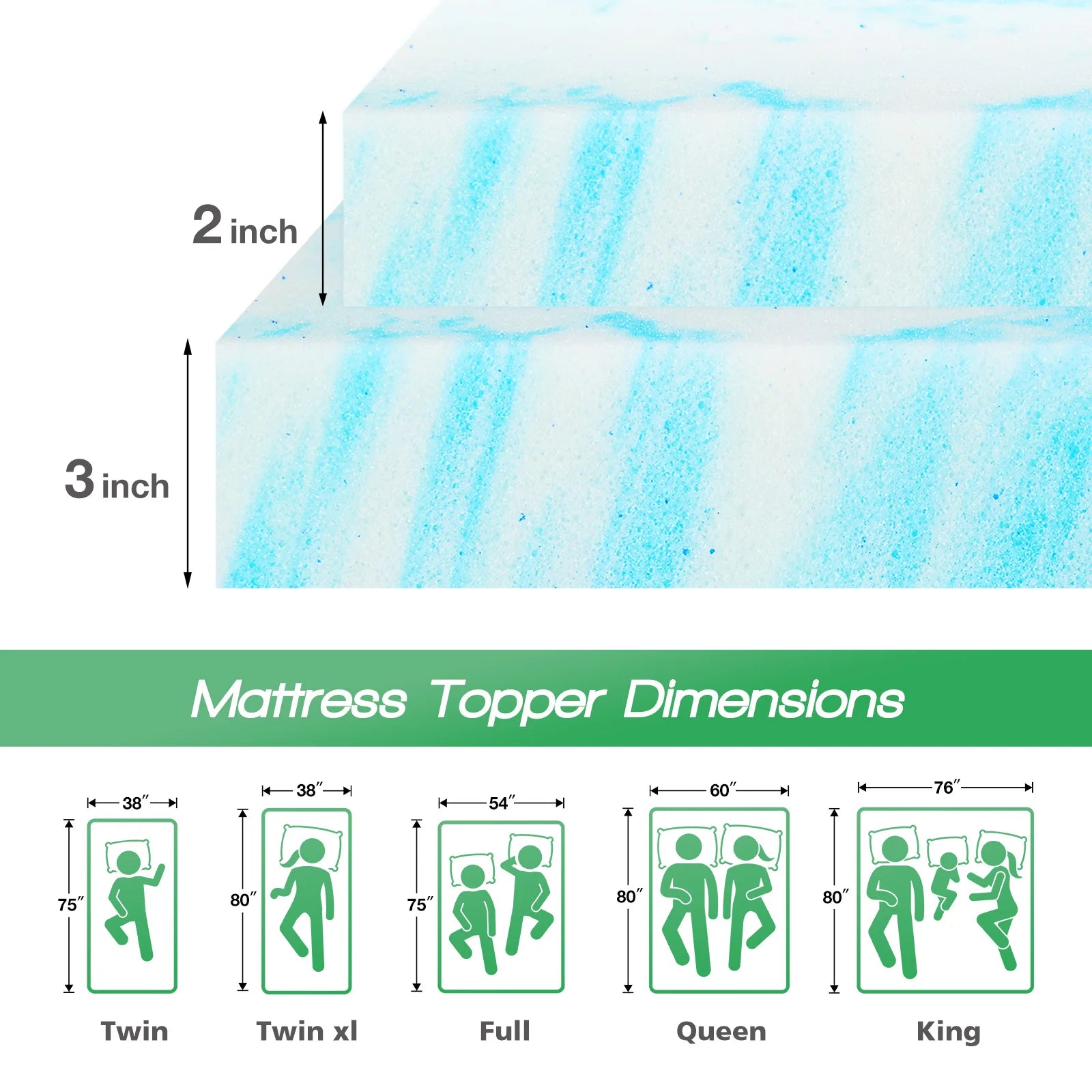 JHK 2 Inch Gel Memory Foam Mattress Topper Full Size Cooling Mattress Soft and Breathable Bed Topper School Bedroom Furniture
