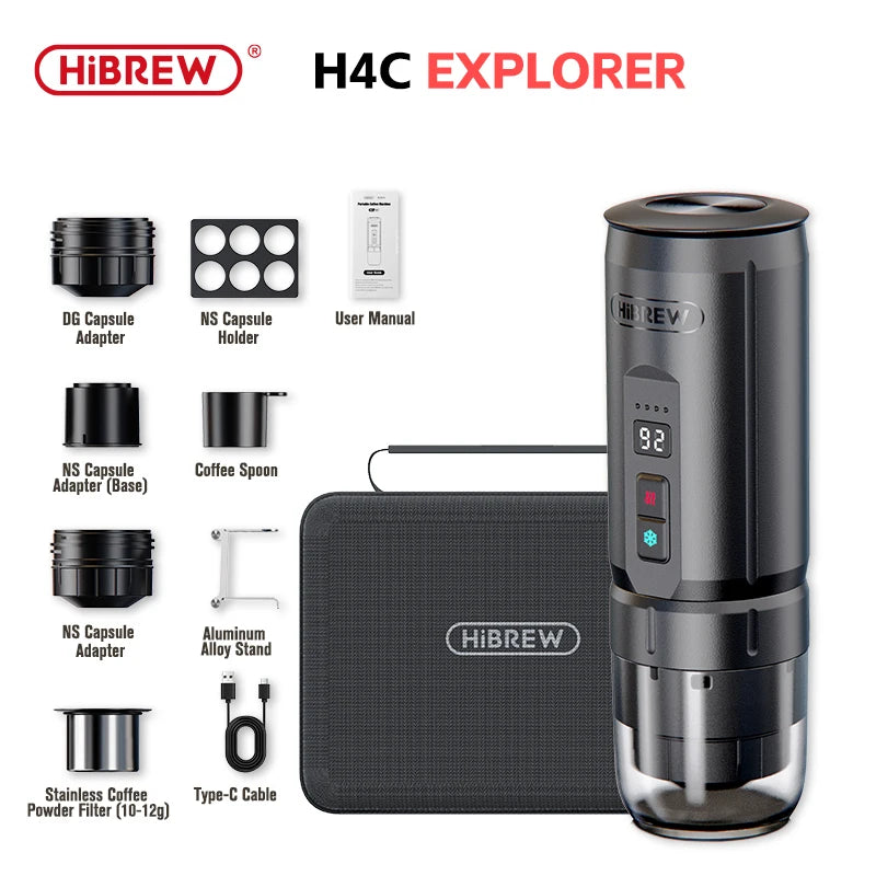 HiBREW H4C Portable Espresso Coffee Machine 3in1 Travel Coffee Maker 7500mAh Lithium Battery Self-Heating Ns DG Capsule & Ground