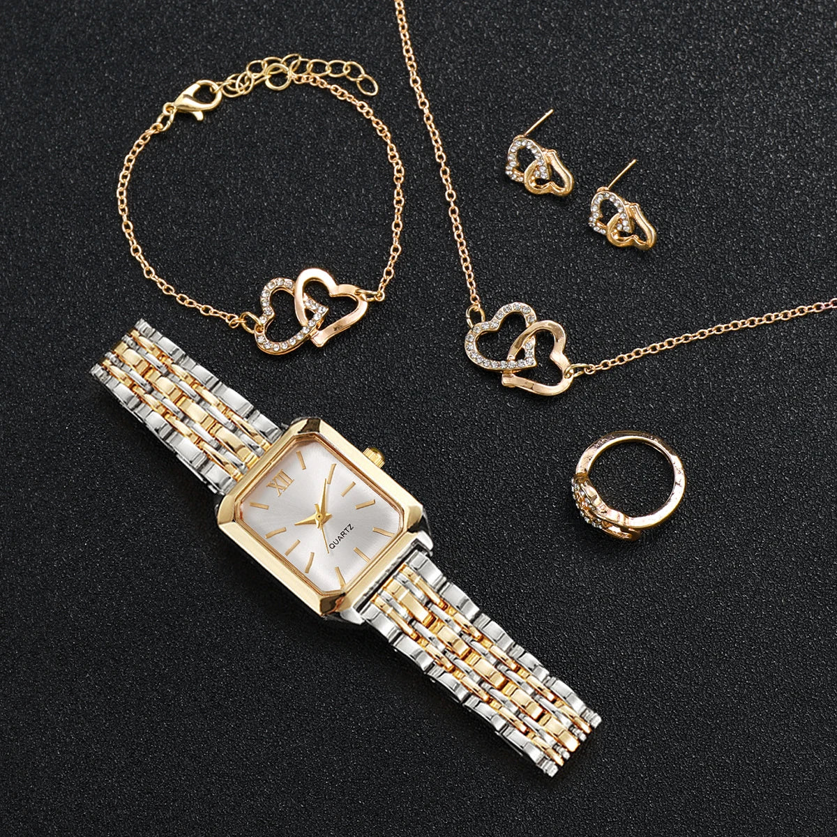 6PCS Elegant Women Rectangle Roma Dial Wristwatch Fashion Alloy Strap Quartz Watch With Diamond Heart Jewelry Set(Without Box)