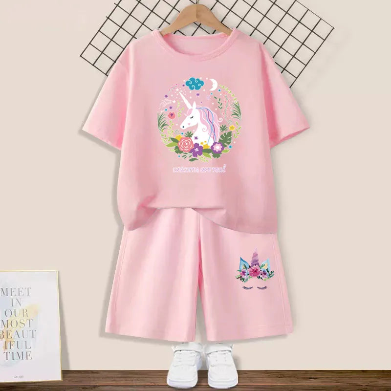 Girls Happy Cat Printed 2PC Outfit Set Summer Fashion Short Sleeve T-Shirt And Shorts Combo Cute Kids Clothing