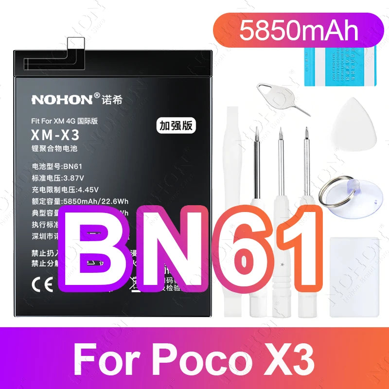 NOHON BN61 Battery for Xiaomi Poco X3 X4 GT X5 X6 Pro F5 F4 F3 F2 M5 M4 M3 M6 Pro C40 Redmi K50 K40 K30 Bateria BM4Y BN57 BP48