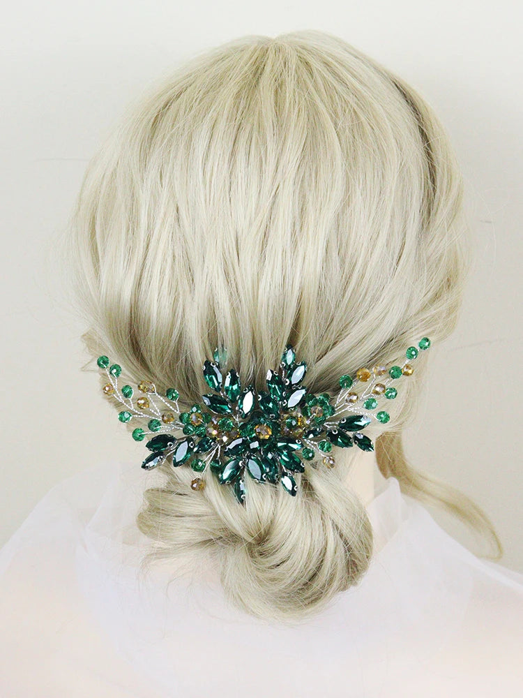 Green Crystal Bride Hair Comb Rhinestone Wedding Head Jewelry Bridal Hair Accessories for Women and Girls Bridesmaid Decor Gifts