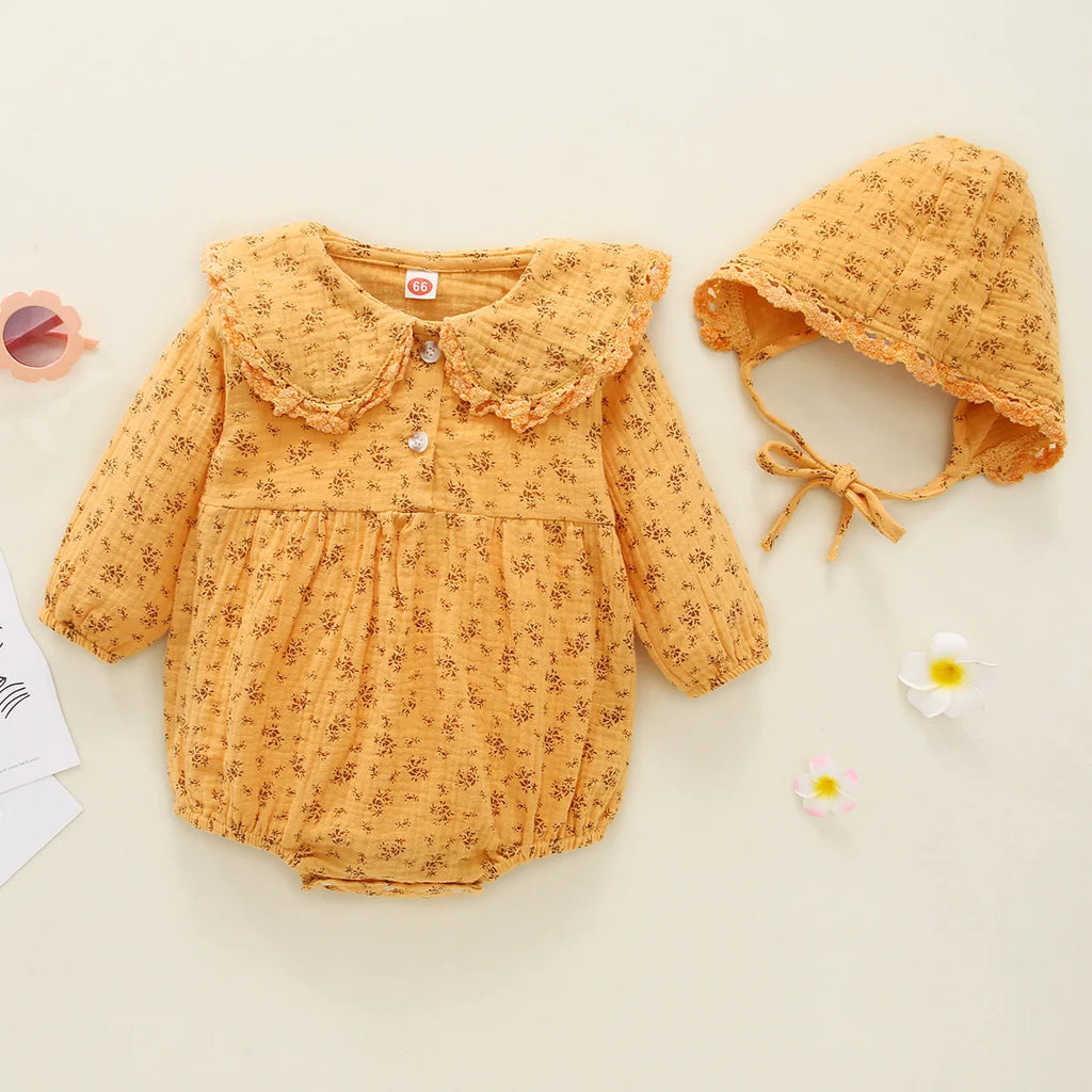 Autumn Newborn Infant Baby Girls Romper +hat  Muslin Lapel Floral Rompers Kids Onepiece Fashion Baby Clothing