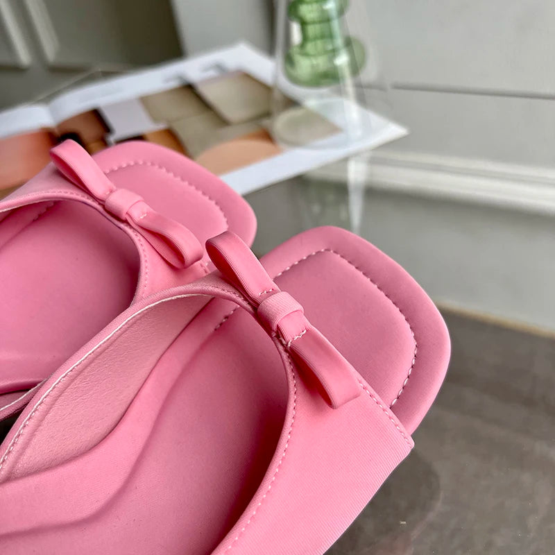 Aneikeh Slipper Mules Low High Heels Shoes 2026 Summer Best Street Look Females Square Head Open Toe Bow Strappy Sandals Women
