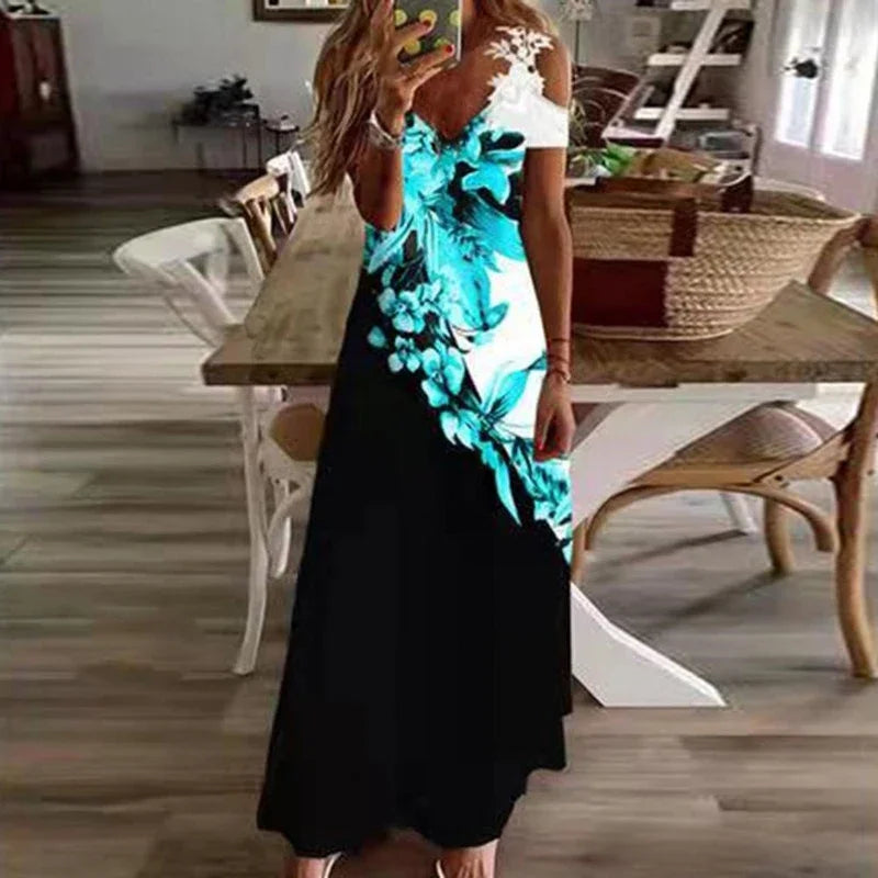 Women's Printed White Lace Sleeveless Suspender Dress Summer Fashion Casual Long Dress