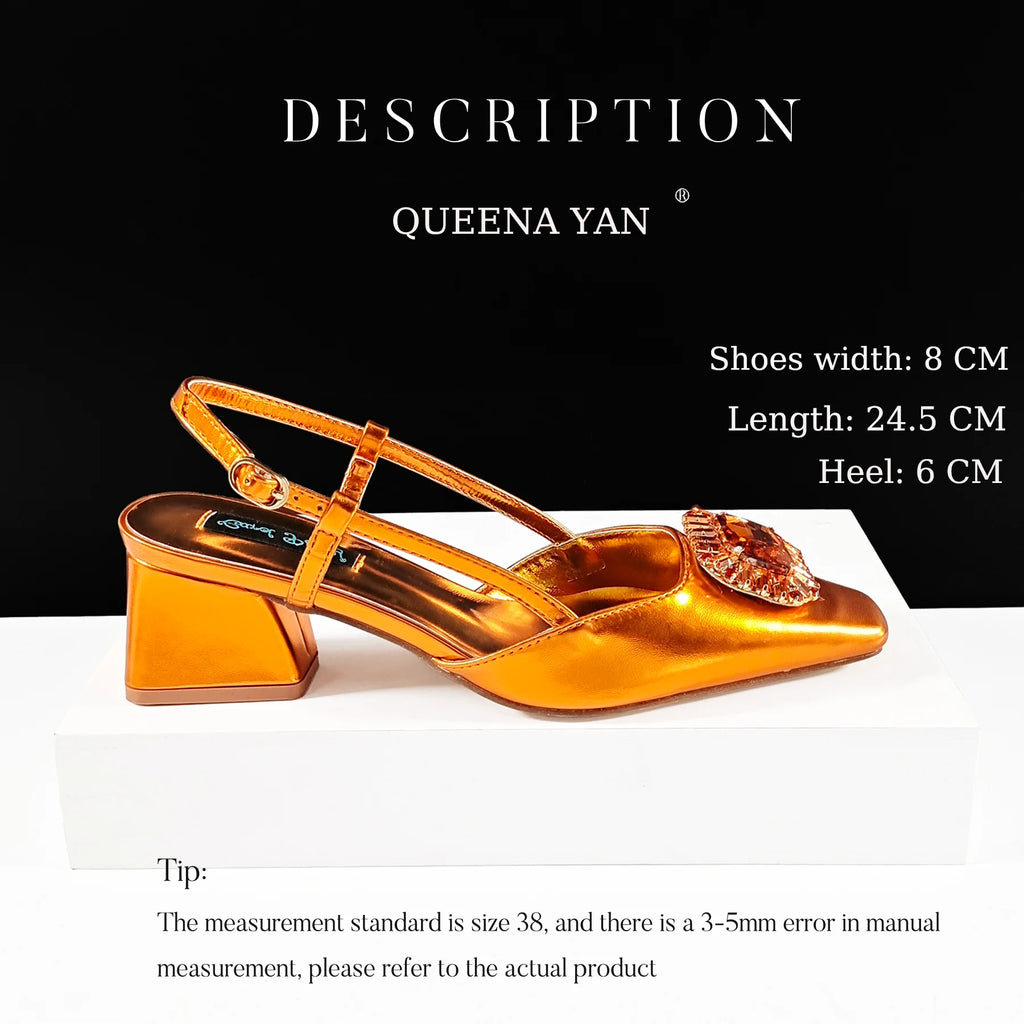 Queena Yan Elegant Comfortable Mid-Heeled Shoes Sparkling Diamonds Pointed-Toe Design Ladies High Heels