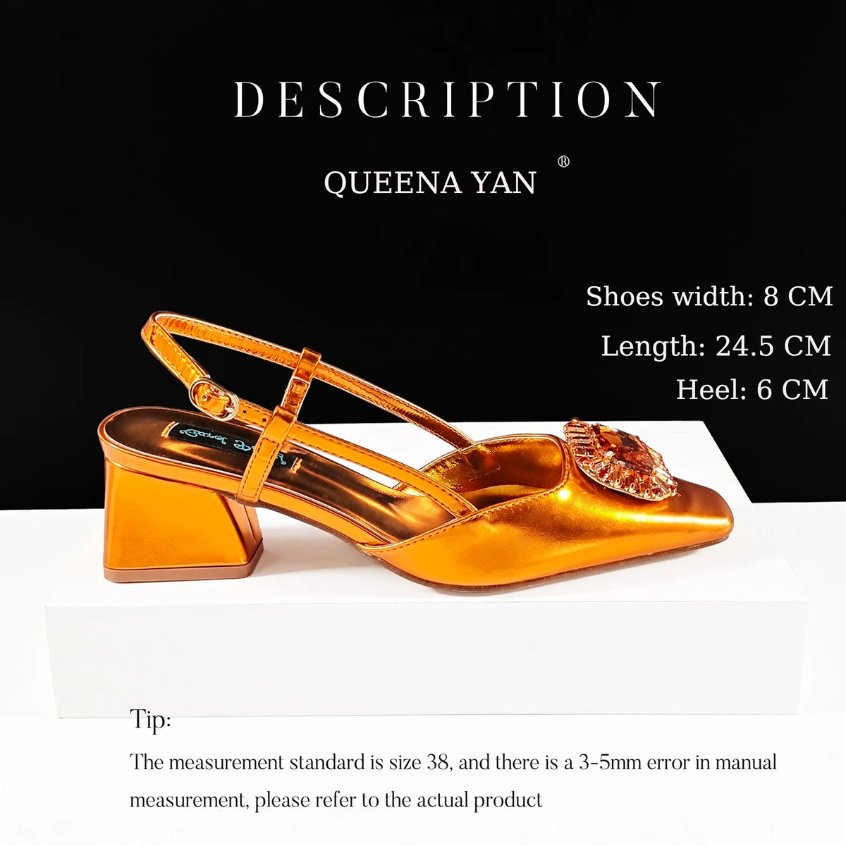 Queena Yan Elegant Comfortable Mid-Heeled Shoes Sparkling Diamonds Pointed-Toe Design Ladies High Heels