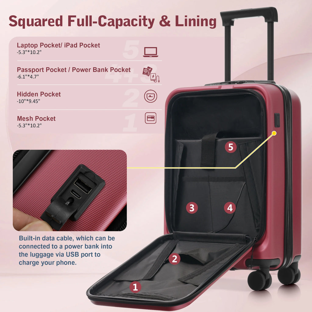 Luggage Sets 5 Piece with Front Opening, Hardside Expandable Carry On Suitcase Set with Double Spinner Wheel