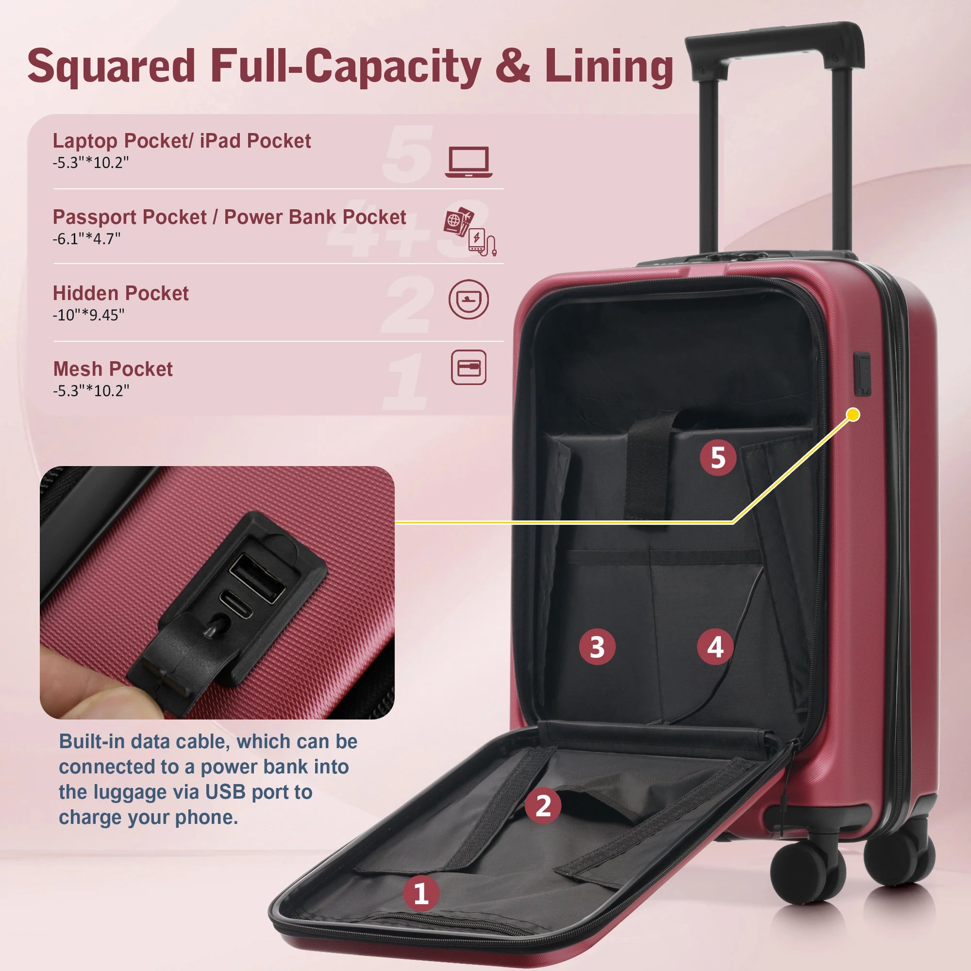 Luggage Sets 5 Piece with Front Opening, Hardside Expandable Carry On Suitcase Set with Double Spinner Wheel