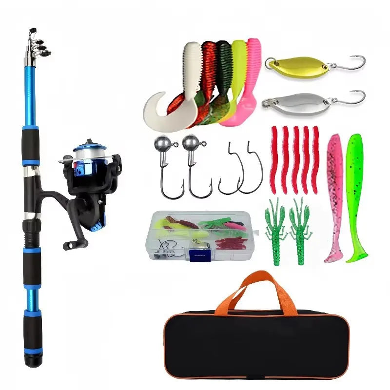BRAVMACK Travel Telescopic Fishing Rod Full Kit Spinning Reel Baits Hooks Portable Outdoor Angling Pole Set