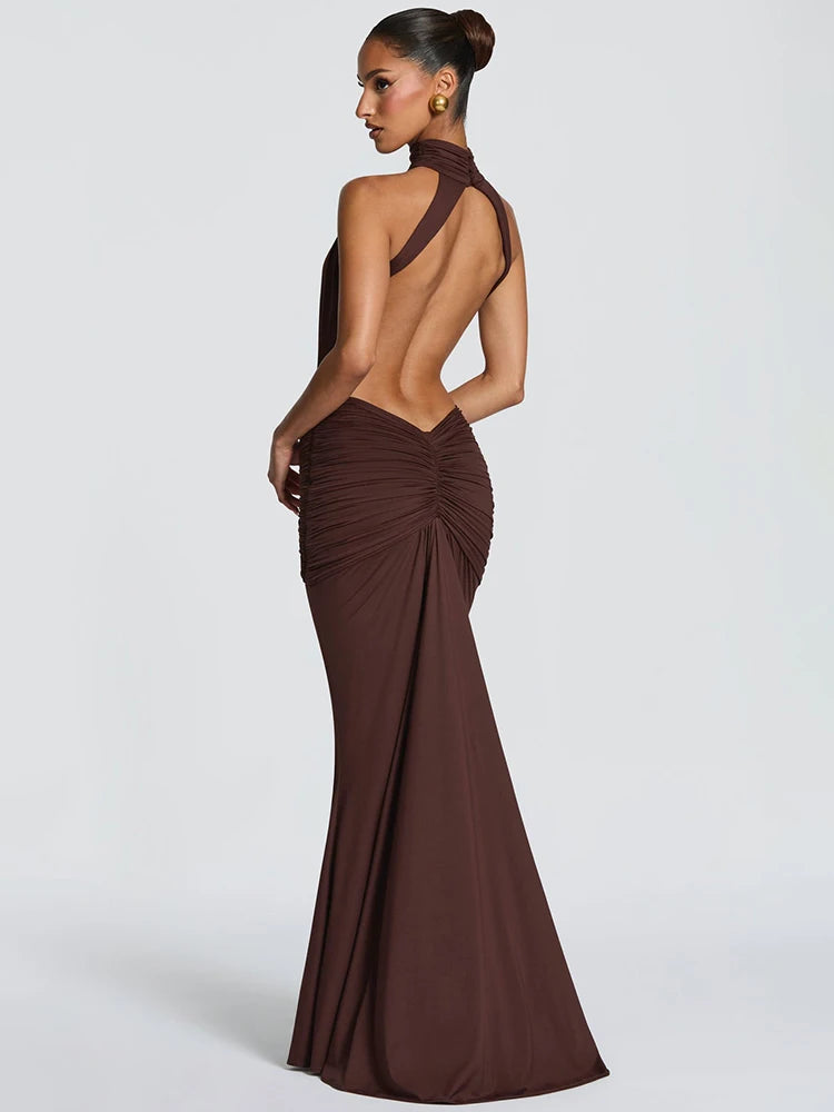 Mozision Turtleneck Backless Sexy Maxi Dress Women Gown Elegant Off-shoulder Sleeveless Ruched Bodycon Club Party Long Dress