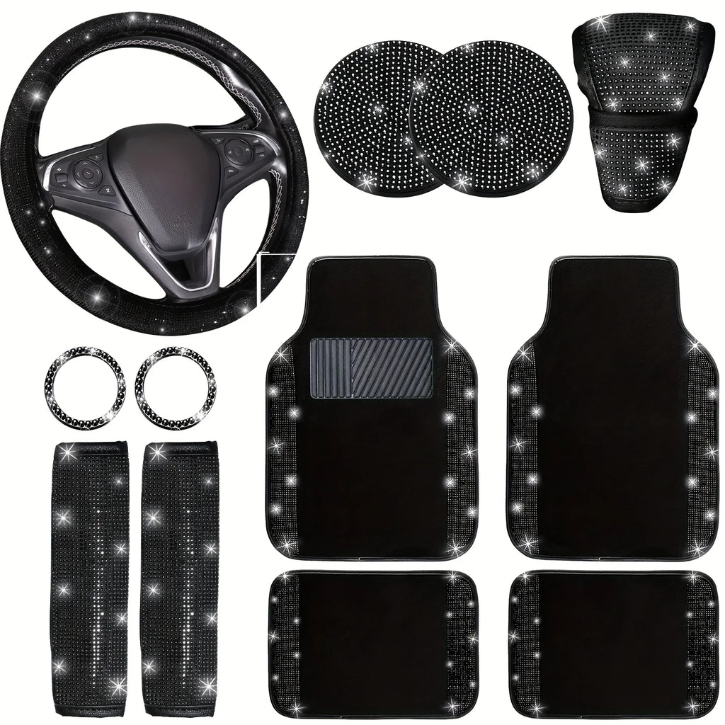 12pcs Bling Car Accessories Set, Bling Car Floor Mats Universal Fit Most Cars, Bling Steering Wheel Cover Universal Fit 15 Inches, Seat Belt Covers, Gear Shift Cover, Car Coasters, Start Button Ring, Bling Car Accessories for