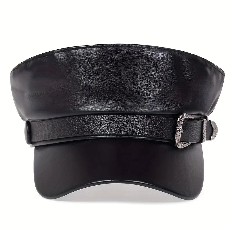 Women's Fashion Leather Beret with Large Belt Buckle – Spring/Autumn Flat Top Captain Military Cap, Unisex Sailor Hat