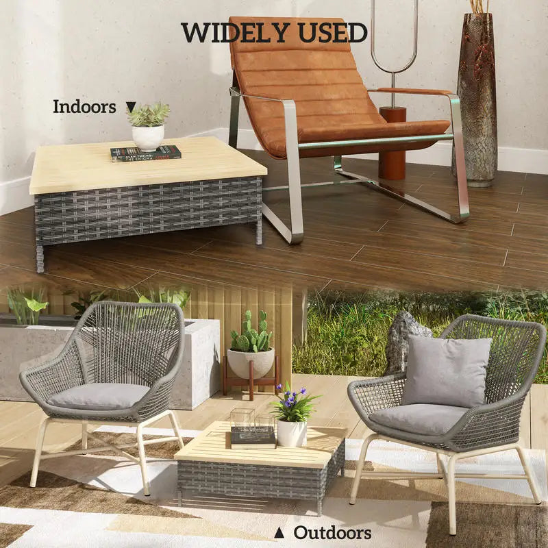 Outdoor Side Table with PE Rattan, Patio End Table with Natural Fir Wood Top, Weather Resistant Accent Table for Patio Pool P