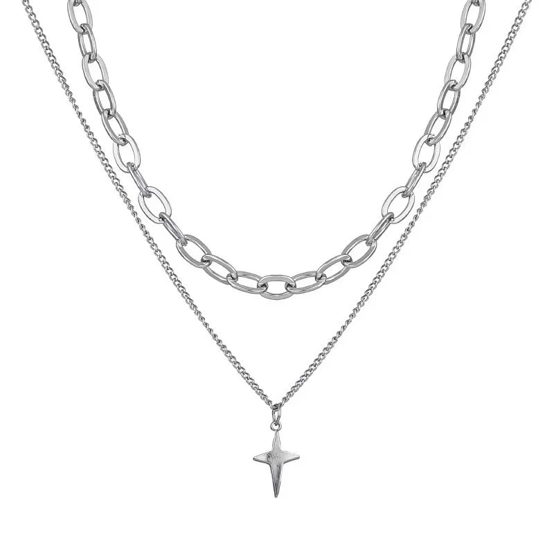 New Design Double Layer Link Chain Cross Star Necklace for Women Man Teens Trendy Punk Hip Hop Stainless Steel Choker