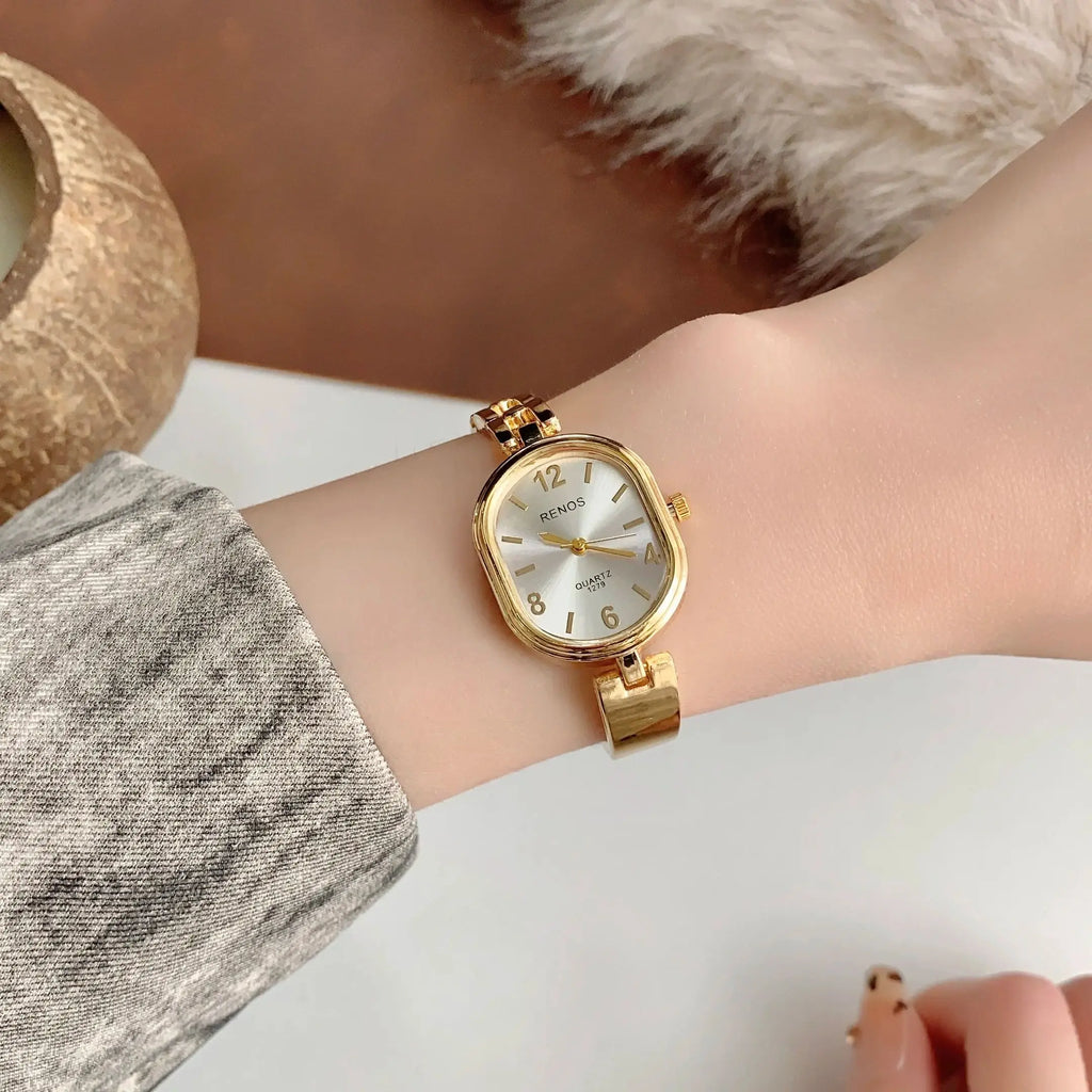 Women's Oval Gold Simple & Fashionable Quartz Watch, Suitable for Daily Wear and Decoration