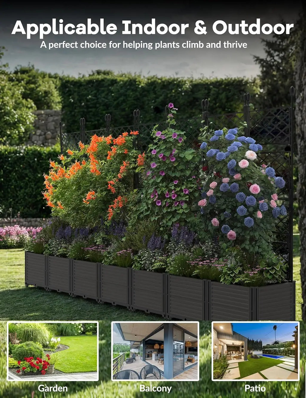 Plastic Planter Box w/ Trellis Rack 5.25FT Tall Raised Garden Bed Drainage for Outdoor Balcony Patio Flower Vegetable Planting