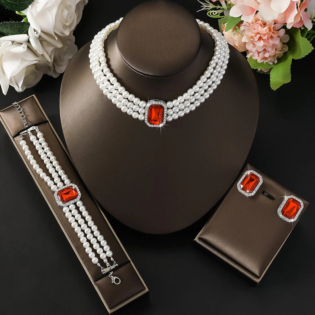 Light luxury candy colored pearl jewelry set with elegant double-layer design for wedding/Valentine's Day gift jewelry