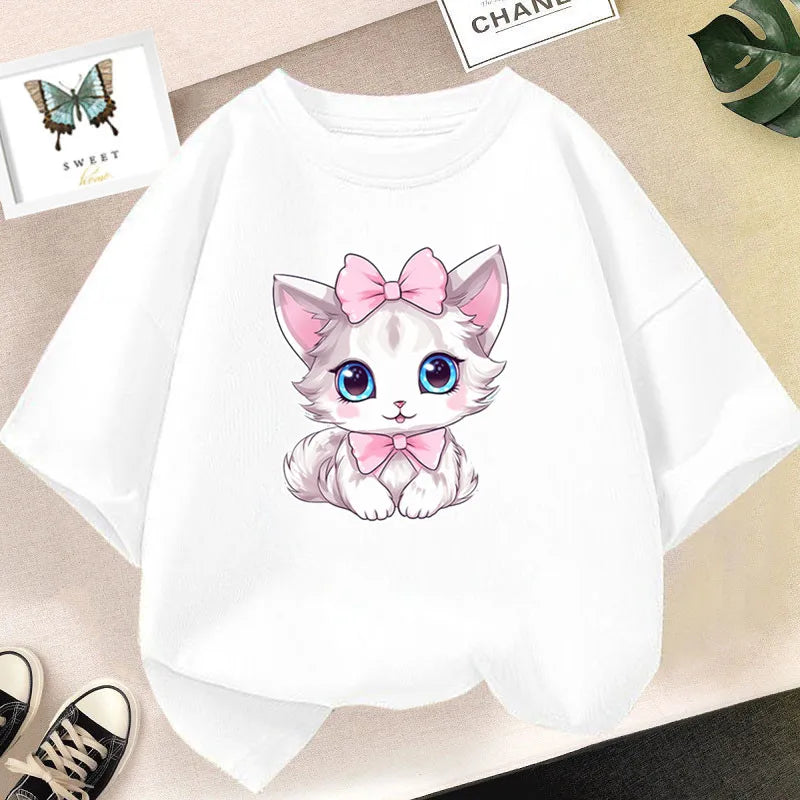 Girls Cotton Cute Cat/dog Graphic T shirt Summer Fashion Vintage Personality Kawaii Purple clothes Short Sleeve Tops