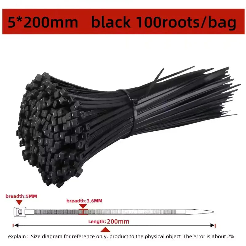 100 PCS Self-locking Plastic Nylon Tie Black Fastening Strap Cable-Tie-Set Cable Zip Tie Fastening Ring Zip Wraps Strap Tie