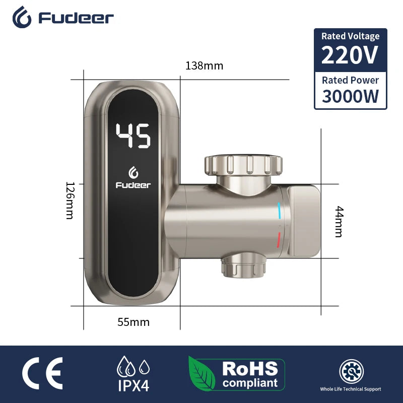 Fudeer 3000W 220V Tankless Heater Instant Hot Water Faucet Conector Champagne Gold Electric Water Heater Kitchen Tap Adapter