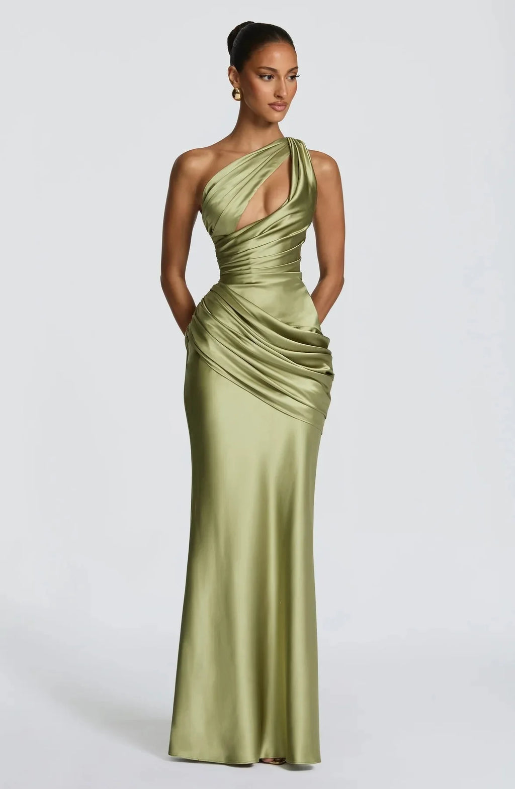 Women Satin One Shoulder Cutout Maxi Dress Elegant Green Ruched Mermaid Slim Fit Flowy Vestido 2026 Lady Summer Evening Dresses