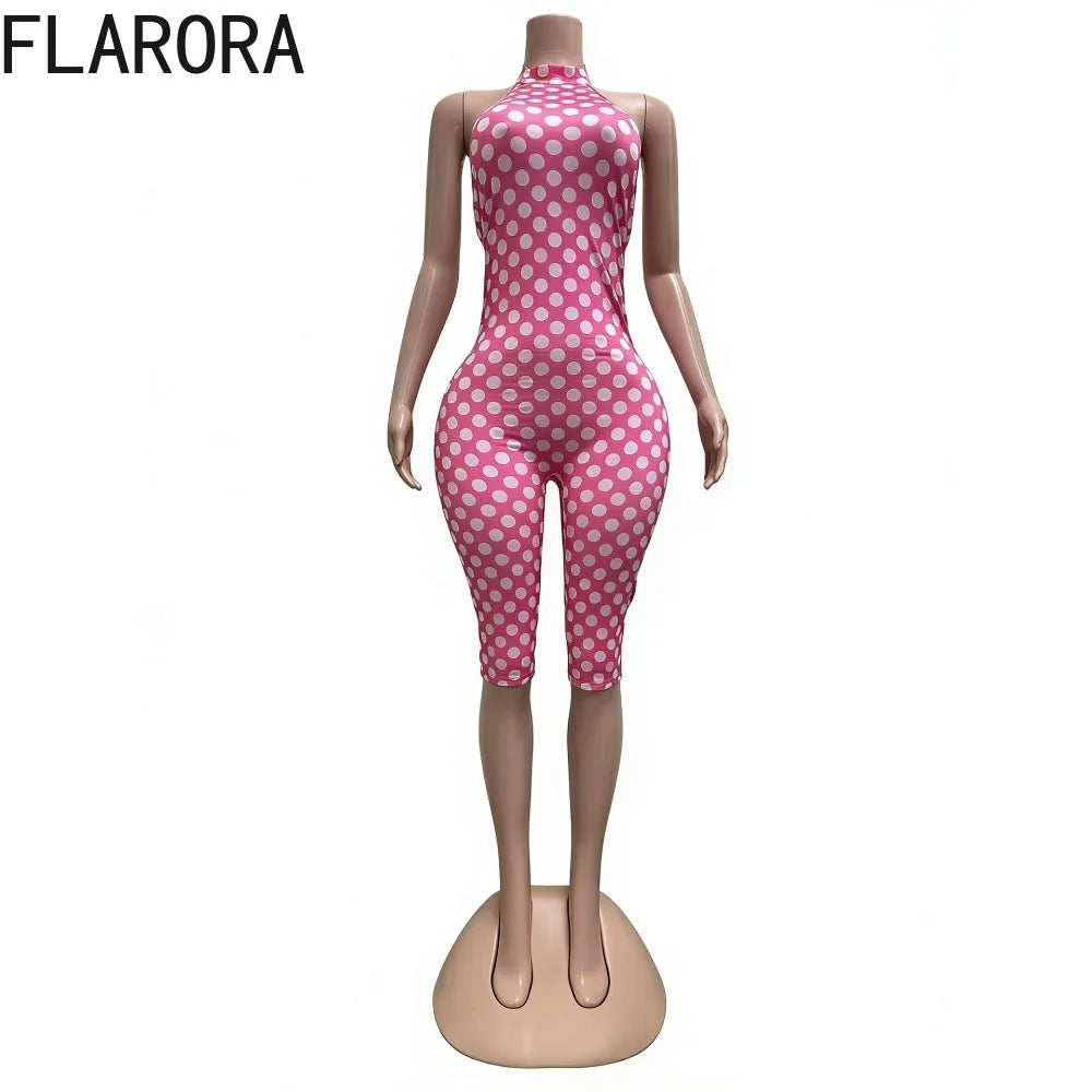 FLARORA Sexy Polka Dot Print Jumpsuit Woman Trend Halter Bandage Backless Sleeveless Peach Hip Skinny Elasticity Street Overalls
