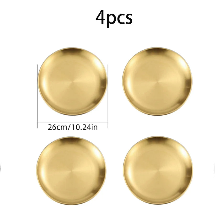 4pcs Stainless Steel Silver Plates, Korean Style Grilled Meat Plates, Household Circular Trays, Bone Plates, Cake Plates