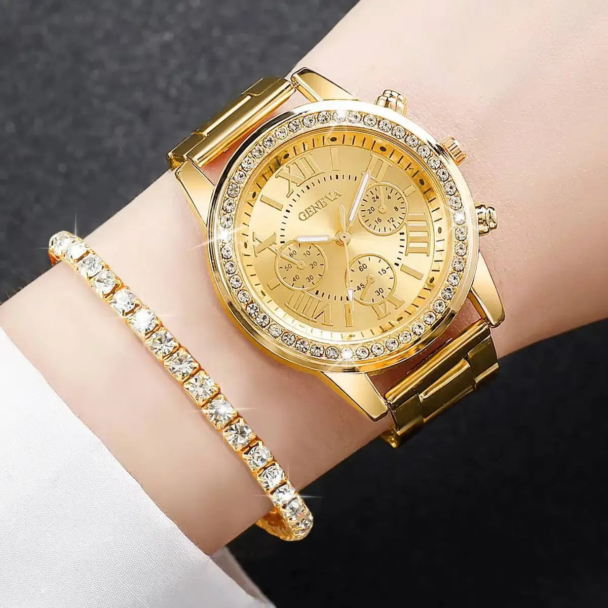 6PCS/Set Fashion Rhinestone Women Watches Ladies Roma Dial Quartz Wristwatches Jewelry Set Reloj Mujer（Without Box）